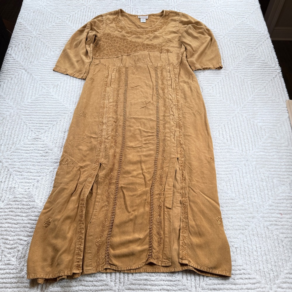 Just Cruising Embroidered Midi Dress Women's L/XL Tan Boho Earthy Boho Rustic